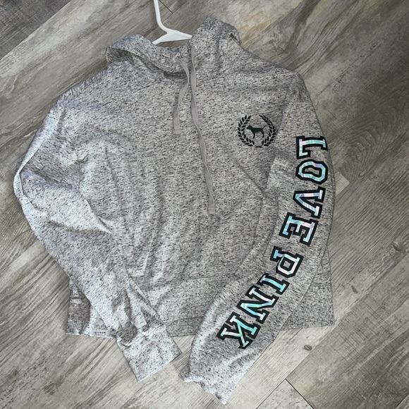 PINK Victoria's Secret Tops - PINK Victoria's Secret Gray logo crop long sleeve hoodie top and Stylish XS
